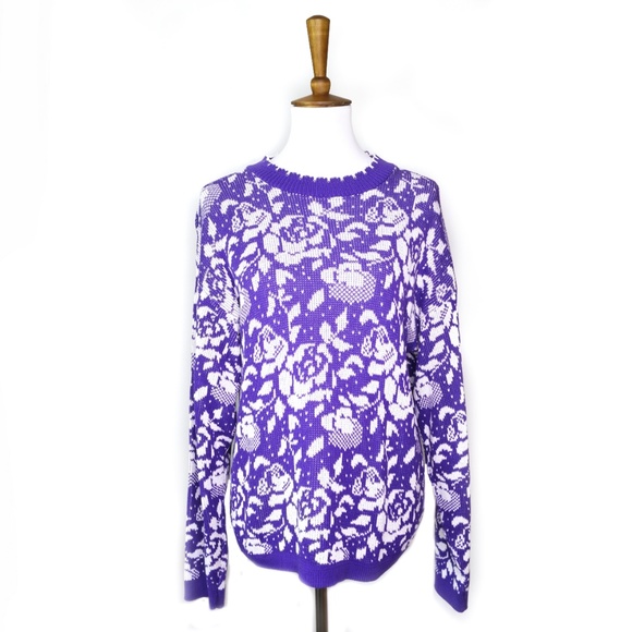 Vintage 100% cotton purple rose sweater, size M - Picture 1 of 5